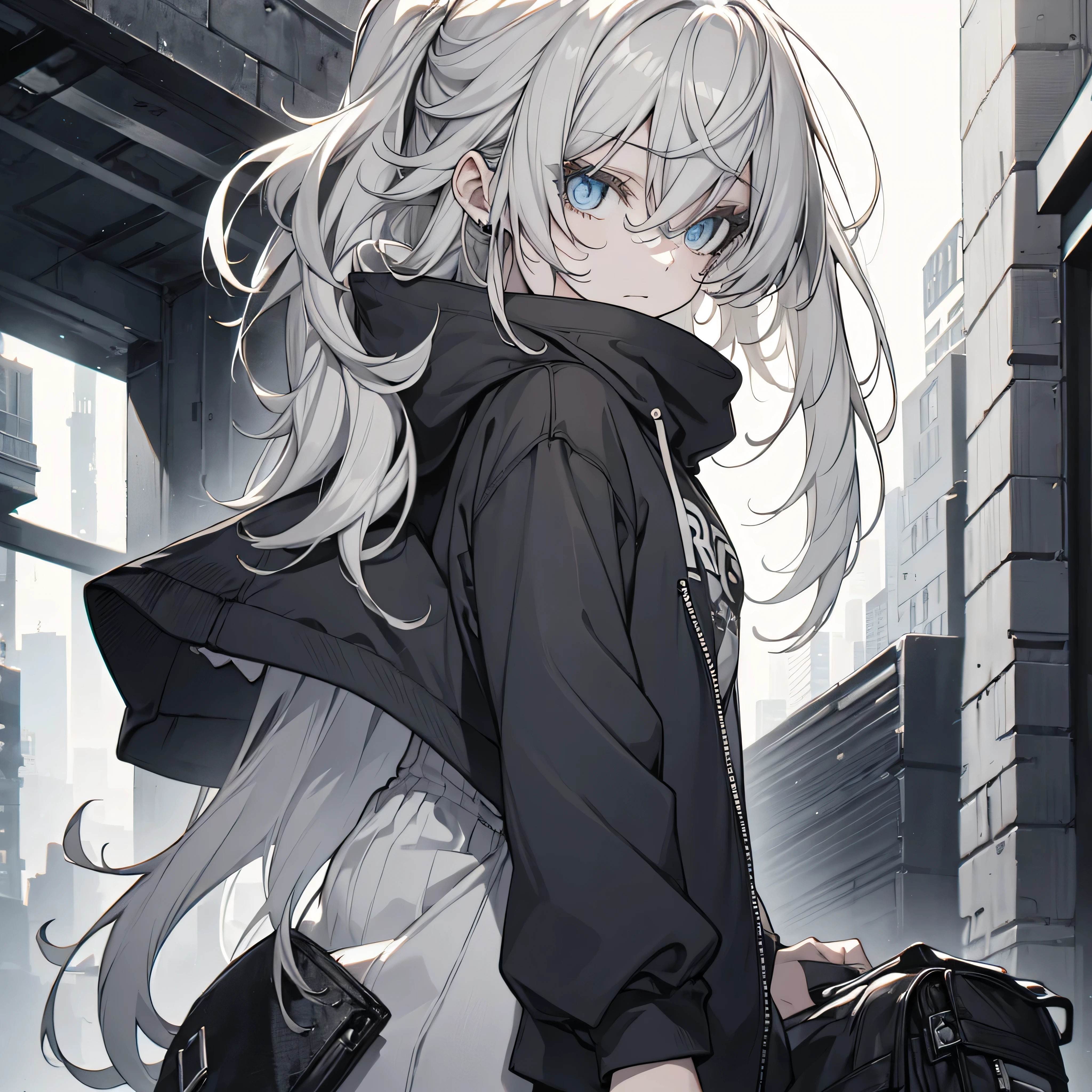 Faded tones, Monochrome, Cool guy, Long Bangs, Hipster Girl, Skinny girl, Grey Hair, Upper chest shot, Monochrome, black, hoodie, No background, City of night, From the side、black clothe、black costume, Too