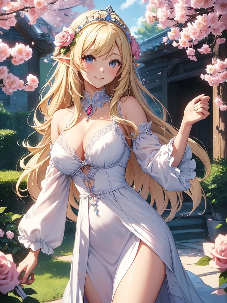 最high quality、best image quality、masterpiece、beautiful face、、titania、Super beautiful elf beauty((22 year old office lady big bust、bust 90,beautiful long ironed hair、blonde、height: 165cm。thin、sexy、cowboy shot,、Esbian、beautiful tiara、morning、sunrise、high quality、美しいart、、、pieces fly、ビジュアルart、written boundary depth、、elf ears、、lightのmagic、universe、happy smile、穏やかなlight、beautiful forest、cherry blossoms、、elegant、ticker beautiful decorative、、、mystery的な　rosa、Rose、、magicのflower、flowerを作るmagic、light、　null、beautiful dressy、beautiful dress、art、Lord of the Ring、spectacular scenery、sexy、friendly smile、wonderful、cherry blossoms、舞い散るflowerびら、cherry blossomsのflower、flower畑、nature、universeのmagic、magicのlight、fantasy、flower、super REALITYa lotのRose、magic、Grow fantasy、、mysteryのlight、art nouveau、Alphonse　a lot、、art、art,mystery,UHD,magicalgentle light,sexy、