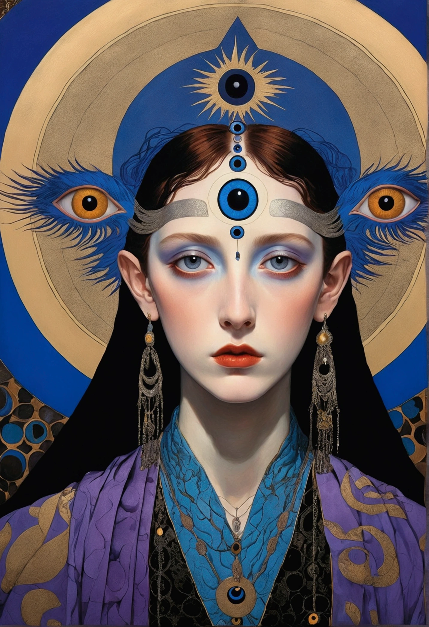 The art of math，Digital Illustration，Drawing，Decorative paintings，(((Harry Clark (Harry Clarke) style,圣地亚哥·卡鲁索style)))，Simple，clean，Fine painting style，(((The third eye on the forehead。short hair，Pointed ears，robe)))，Wide Angle，Black and blue，Solid color background