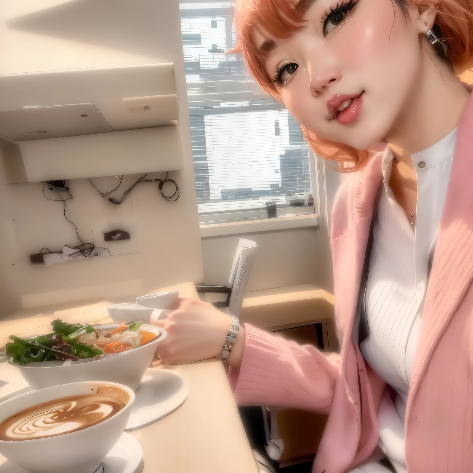 Woman sitting at table with bowl of food and coffee, At work, sakimichan, sitting At work, At work, Mukbang, 🤬 🤮 💕 🎀, Filmed in the early 2020s, delicious, Eat ramen, At the office, Food close-up, Chiho, 4k Posts、bra、In underwear、lingerie
