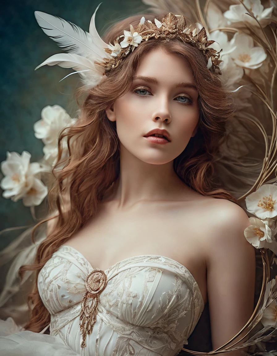 A delicate portrait, dynamic pose art nouveau and Alphonse Mucha, Tim Burton, Anna Dittmann style, a ethereal spirit of a beautiful maiden, in white dress, gracefully, Beautiful Girl, Photography in a Jessica Drossin style, HDR, RAW, full-body portrait, low-angle shot, beige blossoms like feathers, soft, delicate, macro, hyper detailed, Trending on Artstation, Fantasy, Fantasy world, , Stunning visuals, Texture by beateanna, beautiful face features, feather, Minimalism,