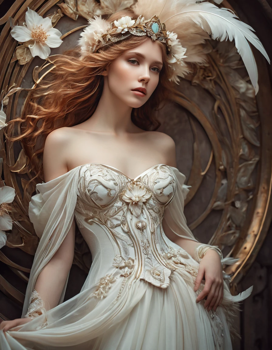 A delicate portrait, dynamic pose art nouveau and Alphonse Mucha, Tim Burton, Anna Dittmann style, a ethereal spirit of a beautiful maiden, in white dress, gracefully, Beautiful Girl, Photography in a Jessica Drossin style, HDR, RAW, full-body portrait, low-angle shot, beige blossoms like feathers, soft, delicate, macro, hyper detailed, Trending on Artstation, Fantasy, Fantasy world, , Stunning visuals, Texture by beateanna, beautiful face features, feather, Minimalism,