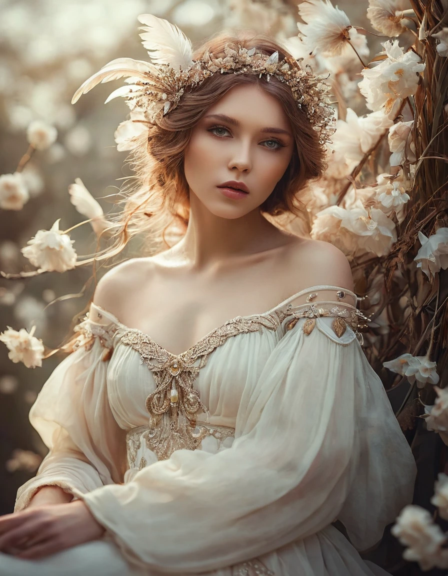 A delicate portrait, dynamic pose art nouveau and Alphonse Mucha, Tim Burton, Anna Dittmann style, a ethereal spirit of a beautiful maiden, in white dress, gracefully, Beautiful Girl, Photography in a Jessica Drossin style, HDR, RAW, full-body portrait, low-angle shot, beige blossoms like feathers, soft, delicate, macro, hyper detailed, Trending on Artstation, Fantasy, Fantasy world, , Stunning visuals, Texture by beateanna, beautiful face features, feather, Minimalism, 