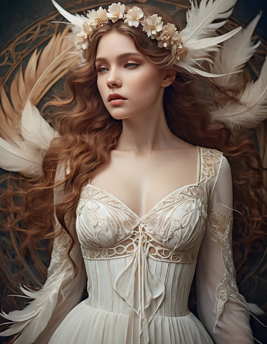 A delicate portrait, dynamic pose art nouveau and Alphonse Mucha, Tim Burton, Anna Dittmann style, a ethereal spirit of a beautiful maiden, in white dress, gracefully, Beautiful Girl, Photography in a Jessica Drossin style, HDR, RAW, full-body portrait, low-angle shot, beige blossoms like feathers, soft, delicate, macro, hyper detailed, Trending on Artstation, Fantasy, Fantasy world, , Stunning visuals, Texture by beateanna, beautiful face features, feather, Minimalism,