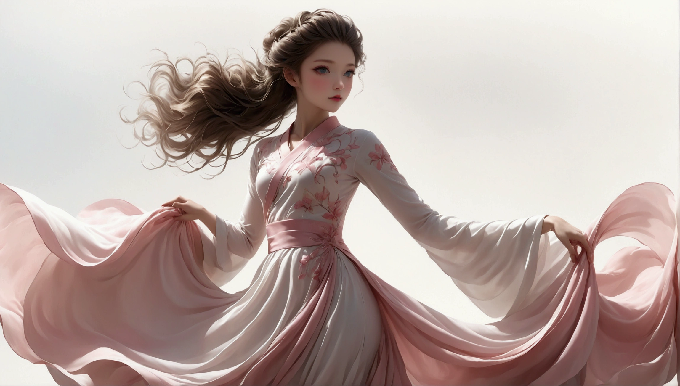Dance photography；A dancer；A little girl in a gorgeous long dress，Princess dress，Chinese style skirt，pink，Conservative style，Smudged skirt hem；The movements of the dance；Long hair shawl。Full body view，front； Simple style；Minimalism。White background，Pure white background；Panoramic photography；Depth of Field, Extraordinary details, masterpiece, high quality, 4K，