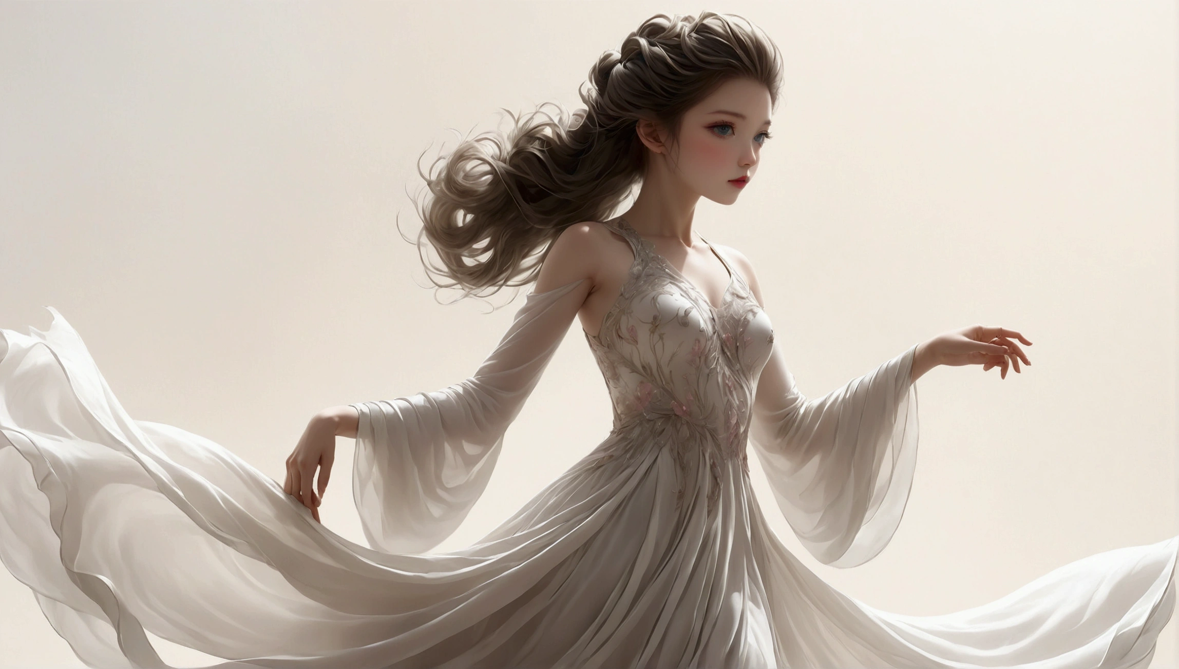 Dance photography;A dancer,Solitary;A little girl in a gorgeous long dress,Princess dress,Chinese style skirt,pink,Conservative style,Smudged skirt hem;The movements of the dance;elegant,Flexible skirt;Long hair shawl。Full body view,front; Simple style;Minimalism。White background,Pure white background;Panoramic photography;Depth of Field, Extraordinary details, masterpiece, high quality, 4K,cinematic lighting, motion blur, depth of field, sparkle, ray tracing, reflection light, anatomically correct, uhd, textured skin, best quality, super detail, highres, high details, accurate, high quality, award winning。