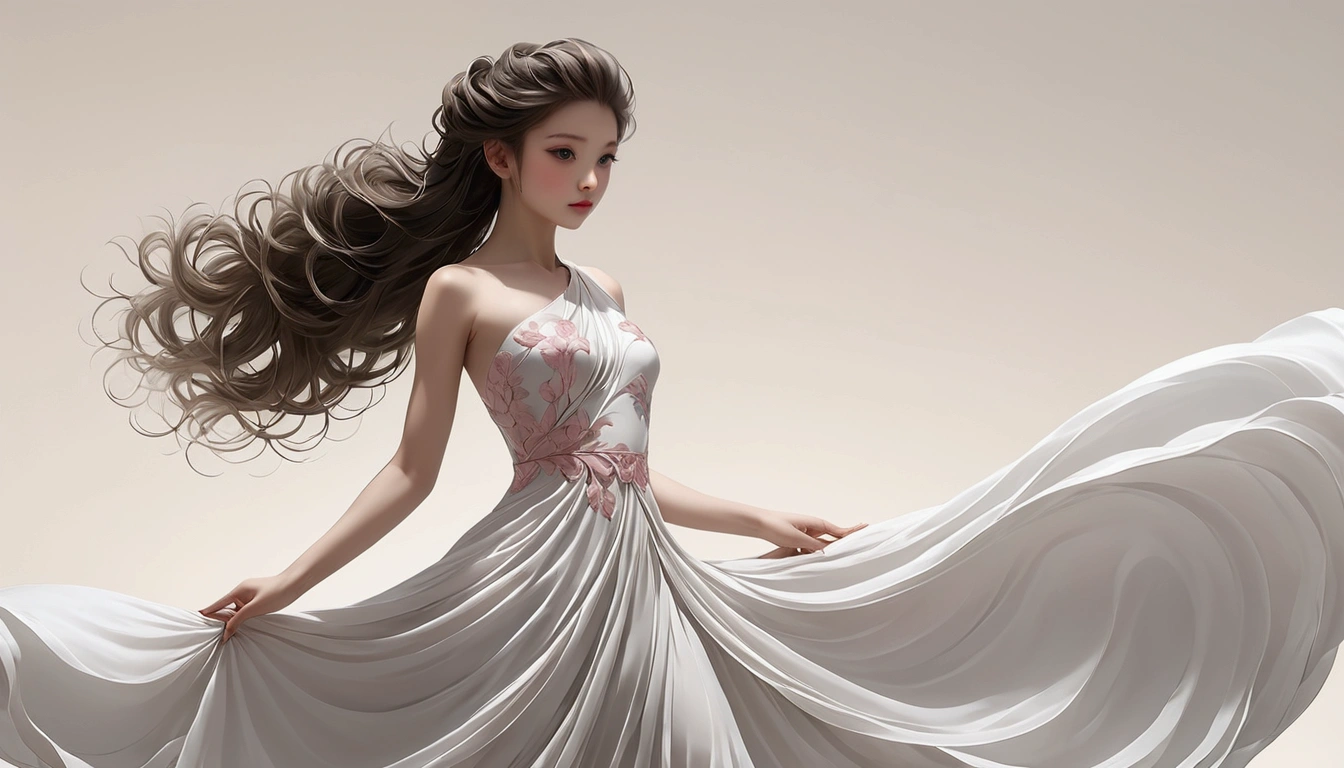 Dance photography；A dancer，Solitary；A little girl in a gorgeous long dress，Princess dress，Chinese style skirt，pink，Conservative style，Smudged skirt hem；The movements of the dance；elegant，Flexible skirt；Long hair shawl。Full body view，front； Simple style；Minimalism。White background，Pure white background；Panoramic photography；Depth of Field, Extraordinary details, masterpiece, high quality, 4K，cinematic lighting, motion blur, depth of field, sparkle, ray tracing, reflection light, anatomically correct, uhd, textured skin, best quality, super detail, highres, high details, accurate, high quality, award winning。