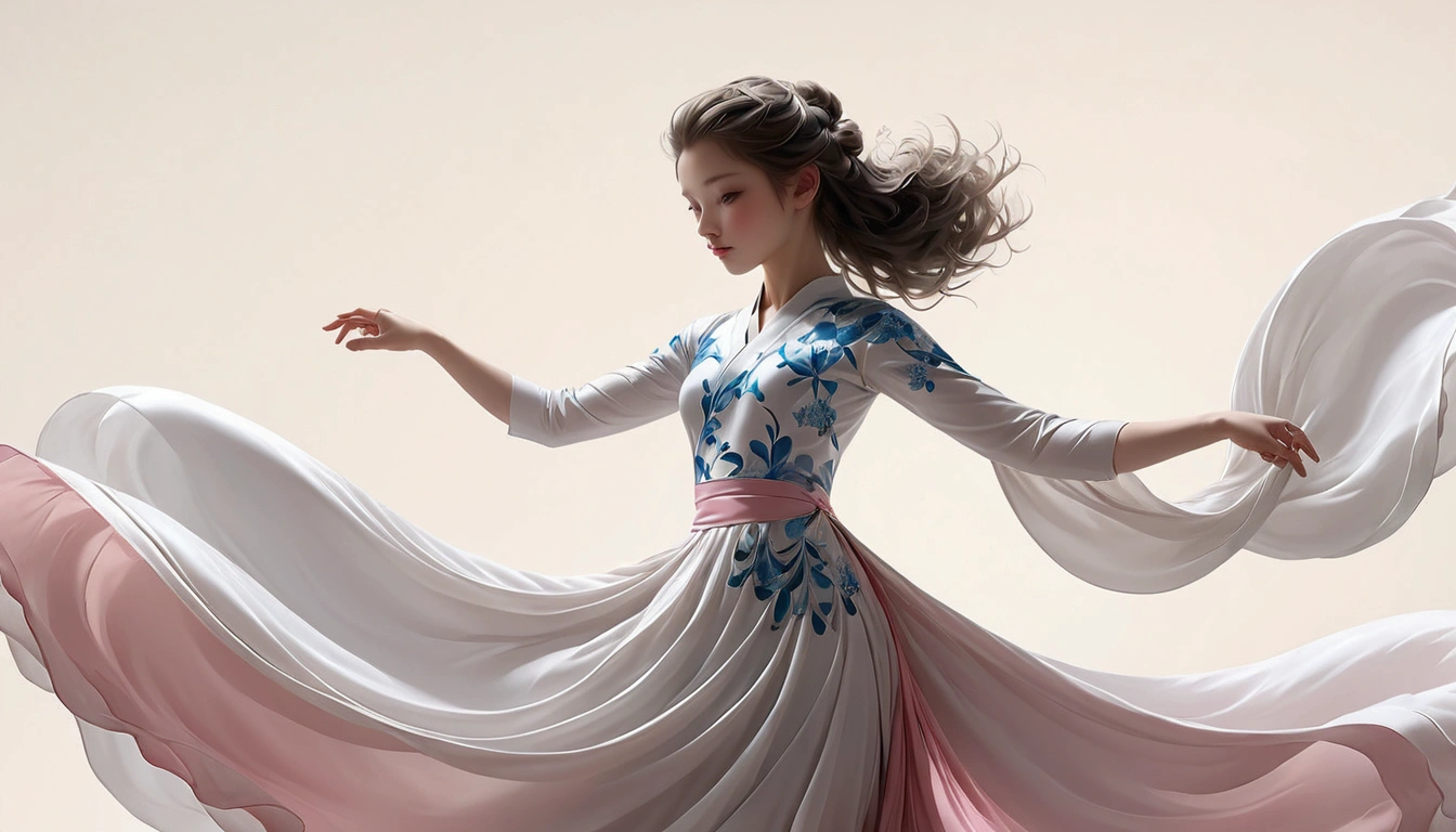 Dance photography;A dancer,Solitary;A little girl in a gorgeous long dress,Princess dress,Chinese style skirt,pink,Conservative style,Smudged skirt hem;The movements of the dance;elegant,Flexible skirt;Long hair shawl。Full body view,front; Simple style;Minimalism。White background,Pure white background;Panoramic photography;Depth of Field, Extraordinary details, masterpiece, high quality, 4K,cinematic lighting, motion blur, depth of field, sparkle, ray tracing, reflection light, anatomically correct, uhd, textured skin, best quality, super detail, highres, high details, accurate, high quality, award winning。