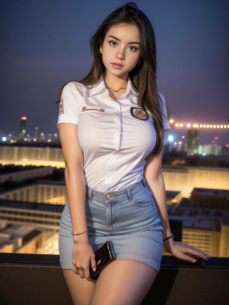 1girl, (uniform), standing, outdoors, night view, detailed Metropolitan city at the background, detailed face, detailed eyes, big breasts, smooth realistic skin, semi-curvy body, white shirt, grey blue miniskirt, looking at the audience, (8k, RAW photo, best quality, masterpiece: 1.2), (realistic, realistic: 1.37), ultra-high resolution