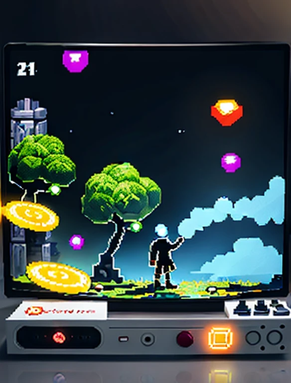 a colossal, mythical game console with glowing buttons and pixelated creatures around it.