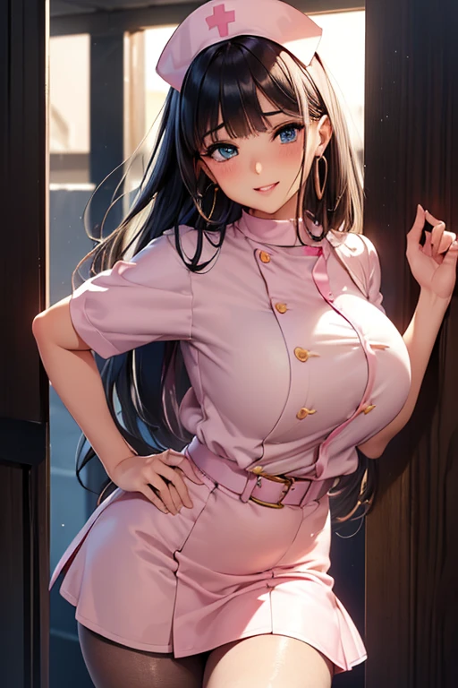 #基本
A girl is posing for a photo, ((One Girl)), (((Baby Face:1.2)) + ((cute:1.3))),
#A girl is posing for a photo, ((One Girl)), (((Baby Face)) + ((cute)) + ),
break
#Clothing Accessories
((Light pink nurse clothes:1.5) : (Shiny) + ((Pencil Mini Skirt)) + (High neck) + (Gold Belt) + (Tight fit) + (Black Pantyhose)), (Shiny白ハイヒール),
(Gold hoop earrings),
break
#Features
((Black Hair)), (blunt bangs:1.4), (Long Hair + Straight hair),
((Droopy eyes), blue eyes, (Big eyes:1.2)), (Big Breasts),
break
#background environment
(noon, (sunlight shines, Modern hospital examination room)),
#Facial Expression Pose
((Wicked Smile)), (model posing),
#composition
(To the camera, (Focus from the front), (Cowboy Shot)),
break
#Body parts elements
(Slim figure),
(Detailed Hair, Beautiful Hair, Shiny Hair),
(double eyelid, Long eyelashes),
(Expression of fine eyes, Beautiful and delicate eyes, Sparkling eyes, Eye Reflexes, Glitter Eyeliner),
(Human Ear),
(Beautiful Nose, Thin Nose),
(Shiny唇, Beautiful Lips, Thick lips, Shiny唇, Natural Cheeks),
(Detailed face, Symmetrical facial features),
(Detailed skin, Textured skin, Beautiful Skin, Glowing Skin),
break
#Quality Image Quality Common
(((Highest quality)), ((masterpiece)), ((Very detailed))), ((Ultra-high resolution)), ((16K, 1080P)), ((FHD)),
(Anatomically correct), (Realistic), (3DCG),
#Quality image illustration
((comics, anime)), CG illustration,