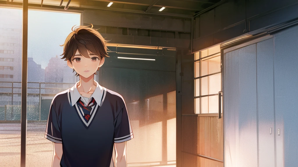 The background is the back of a deserted gymnasium on a summer evening.、An upper body shot of a handsome and manly high school boy、The high school boy has light brown hair, red cheeks, and is looking at me with a very embarrassed expression.、He is wearing his summer uniform and his tie is loose.