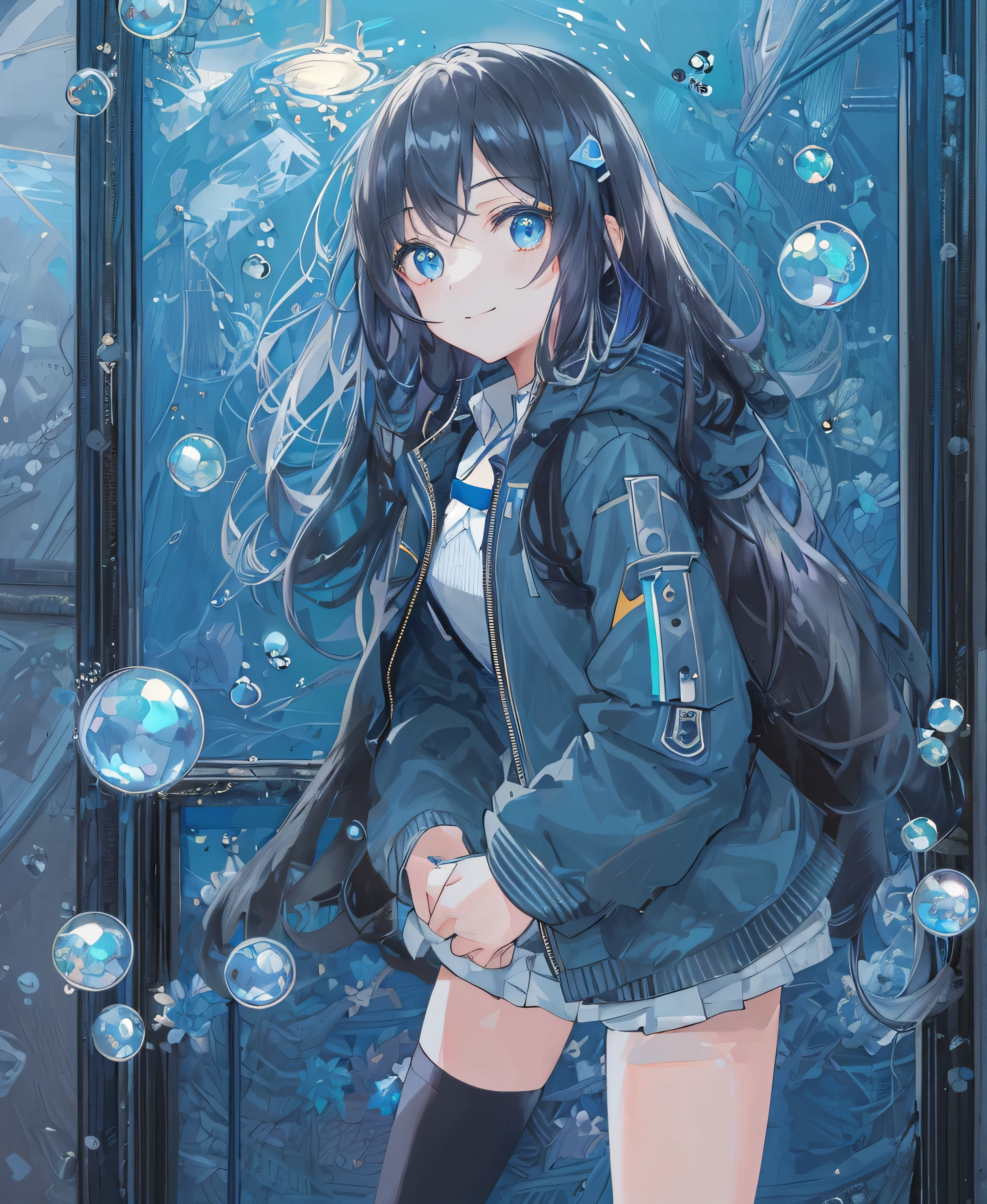 ((Highest quality)), ((masterpiece)), ((Ultra-detailed)), (Very delicate and beautiful), With a girl, solo, Cold attitude,((Black jacket)),She is very(relax)with(Calm)Appearance,Black-haired, Depth of written boundary,Wicked Smile,bubble, Underwater, Air bubbles,bright light blue eyes,The inside color is light blue、Hair is dark blue,Cold Background,Bob Hair - Line Drawing, Shorts、Knee-high socks、Like a white uniform 、Light blue ribbon tie、The clothes are transparent、Put your hands in your pockets
