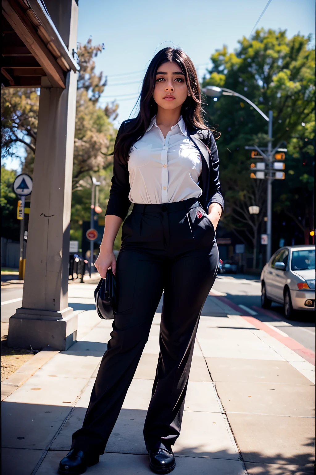 pinhole photography photo of VioletMyers, (wearing Slacks:1.3),  bus stop, upper body, rim lighting, eye level, 