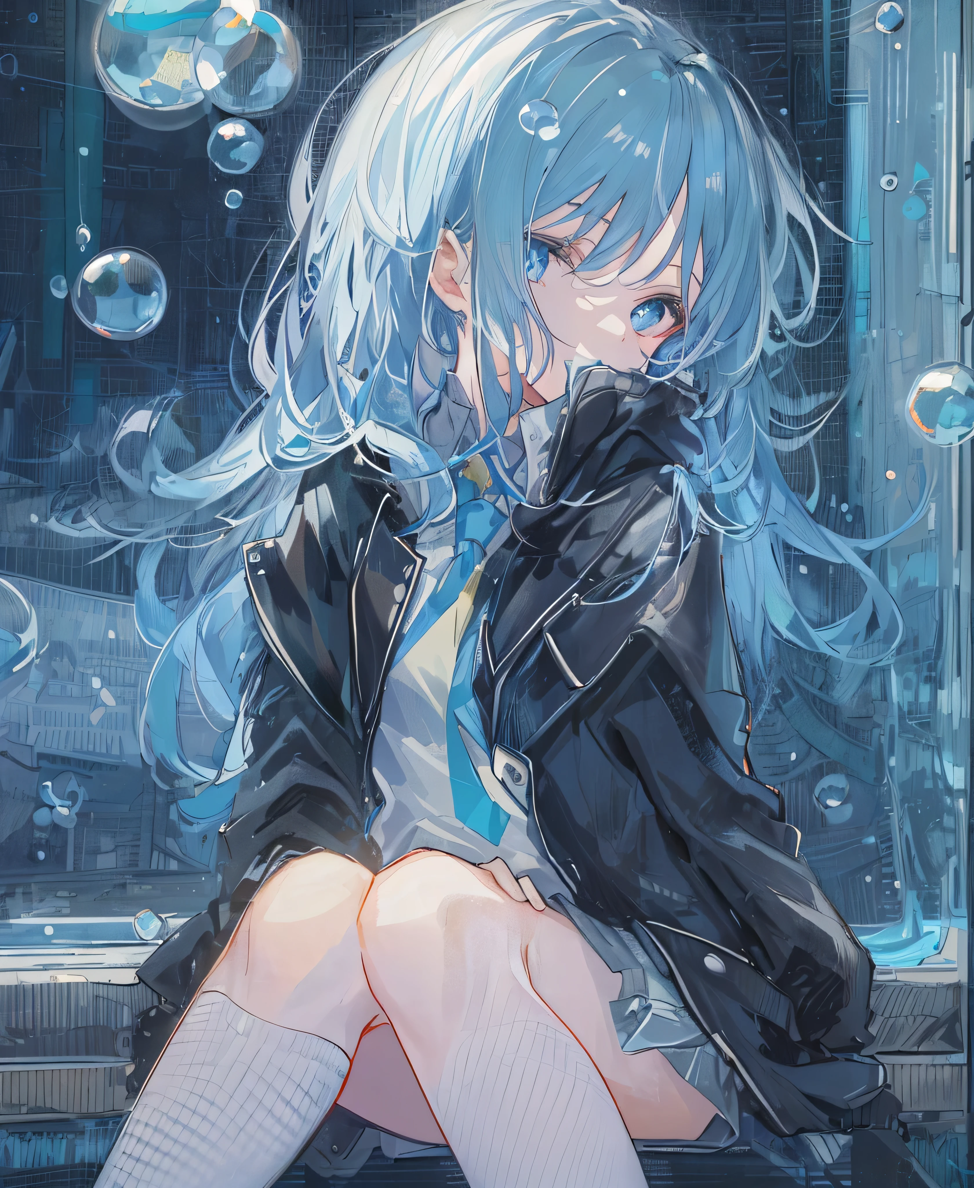 ((Highest quality)), ((masterpiece)), ((Ultra-detailed)), (Very delicate and beautiful), With a girl, solo, Cold attitude,((Black jacket)),She is very(relax)with(Calm)Appearance,Black-haired, Depth of written boundary,Wicked Smile,bubble, Underwater, Air bubbles,bright light blue eyes,The inside color is light blue、Hair is dark blue,Cold Background,Bob Hair - Line Drawing, Shorts、Knee-high socks、Like a white uniform 、Light blue ribbon tie、The clothes are transparent、Put your hands in your pockets