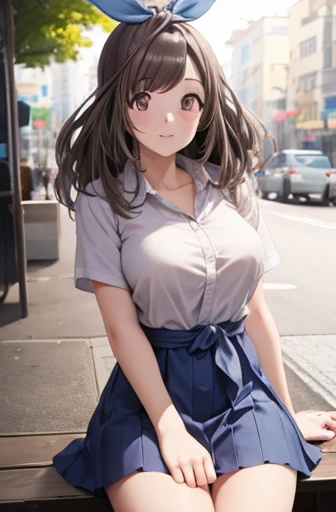 koganetsukioka, kogane tsukioka, (brown eyes:1.5), brown hair, hair tie, ponytail, BREAK bare legs, blue skirt, collarbone, collared shirt, miniskirt, shirt, short sleeves, skirt, tented shirt, tied shirt, tight clothes, tight shirt, white shirt, wing collar, BREAK looking at viewer, BREAK outdoors, BREAK (masterpiece:1.2), best quality, high resolution, unity 8k wallpaper, (illustration:0.8), (beautiful detailed eyes:1.6), extremely detailed face, perfect lighting, extremely detailed CG, (perfect hands, perfect anatomy),