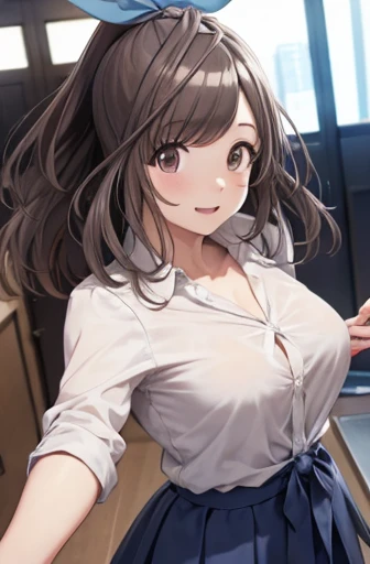 koganetsukioka, kogane tsukioka, (brown eyes:1.5), brown hair, hair tie, ponytail, BREAK bare legs, blue skirt, collarbone, collared shirt, miniskirt, shirt, short sleeves, skirt, tented shirt, tied shirt, tight clothes, tight shirt, white shirt, wing collar, BREAK looking at viewer, BREAK outdoors, BREAK (masterpiece:1.2), best quality, high resolution, unity 8k wallpaper, (illustration:0.8), (beautiful detailed eyes:1.6), extremely detailed face, perfect lighting, extremely detailed CG, (perfect hands, perfect anatomy),