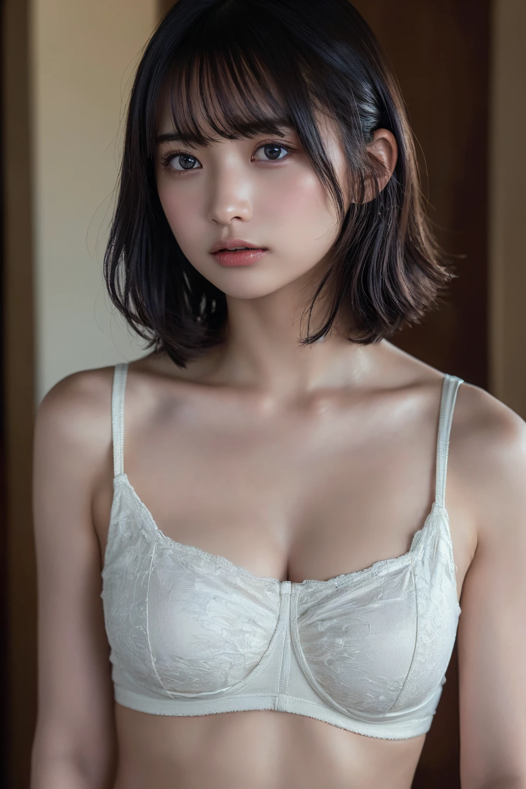 (Highest quality:1.4),(masterpiece:1.4),(Realistic:1.4),(Realistic:1.2),(超High resolution, RAW Photos:1.4),(High resolution, Very detailed:1.2),(8k:1.2),photograph,a photo of a dark-haired,Her hairstyle is a short bob with bangs..,One Girl,alone,(In underwear),((Upper Body:1.3))