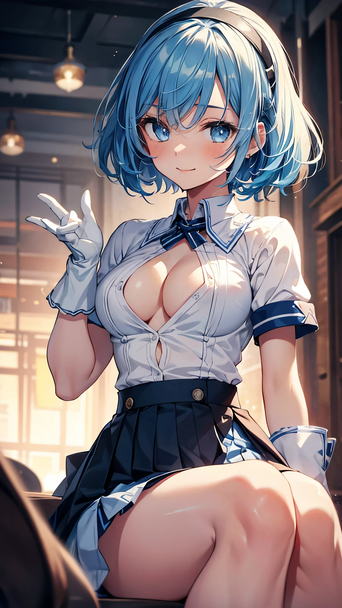 onabuta ikuko, blue eyes, short hair, blue hair, hairband,skirt,gloves, white gloves,large breasts,(white shirt,open shirt),show off stomach,blush,(ecstatic),smlie,sitting,((open legs)),masterpiece,Noise Reduction,perfect anatomy,high resolution, ultra-detailed, ultra-detailed face,game cg,dutch angle ,beautiful detailed eyes,visualart,five fingers, perfect hands, perfect lighting, sparkling pupils,