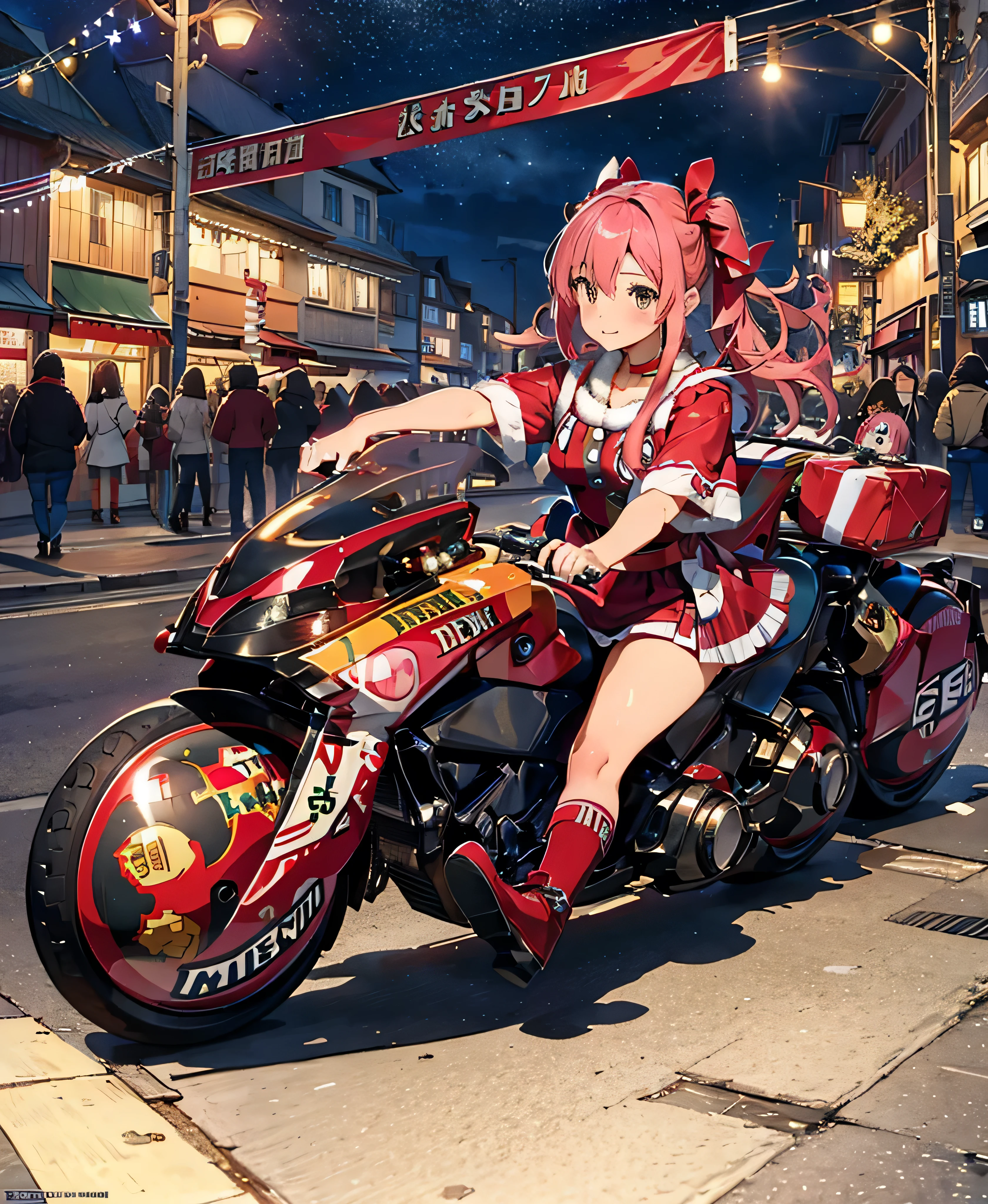 Super detailed, beautiful, masterpiece, Highest quality, Realistic, One Woman, Christmas Costumes, Short dress, Long Hair, Pink Hair, Striped Hair, Brown eyes, Hair Ribbon, Red Akira Bike, riding a bike, night, Christmas streetscape, illumination, great screen,