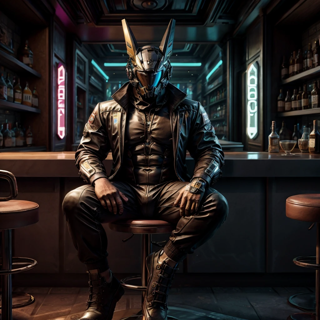 male, (muscular, full nude, only Glowing cyberpunk future helmet, business suit,) realistic, bar, sitting counter chair,