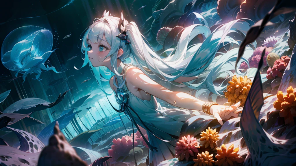 Master Parts, 最high quality, high quality, Top view, High Angle, look up:1.2, One girl, Floating Girl, Coiled Position, nada no seabed, (((deep sea))), (((In the water))), (((whole body))), Flowing Hair, Floating hair, Turquoise Hair, Super Long Hair, Super long twin tails, close your eyes, Long eyelashes, (((sad, I wantedso, I wanted))), Fantasy colors, Color rendering, Light and shadow, Wet Lip Luck Short Dress, Sleeveless dress, Fundo nice, Pillar of Light, light, Rich colors, dreamer, Stardust, Noble, elegant, ((creative, 非常にhigh qualityの画像, Too)))), ((Aurora, Giant Crystal, 魔法のlight, Rich colors, Tyndall effect))), nice, dreamer, dynamic, Super detailed, 8k, grow, growな構成, Intricate details, Unreal Engine, imagem de whole body, bubble, fish, jellyfish, light, Mysterious, kind, submarine, [retrato de whole body] atmosphere, Correct Proportions, delicate beauty (Extreme Detail, Delicate facial portrait, Delicate expression of hair, Delicate visual expression), (extremely delicate CG) seabed, Bubble, Volumetric lighting, Best Shadow, Shallow depth of field, 信じられないほどbeautiful人の肖像画, 魅惑的な目を持つ繊細でbeautiful魅力的な顔, Fine and detailed, Highly detailed fine art, (Beautiful, detailed eyes and a delicate face), Subtle expression of facial features, (非常にhigh quality, Amazing details:1.25), (alone:1.3), Bright and colorful painting, (beautiful), (beautiful), (Professional Perspective), (feminine), (woman), (woman), (beautiful), (woman的な特徴), (16 years), alone, woman1名, Dramatic Light, beautiful手, both hands, Normal hand, Two Arms, Complete Hand, Nice body, Cute Fingers, Normal finger, Five Fingers, (thumb, Indicator Finger, ring finger), beautiful耳, Normal ear, beautiful目, Bright Eyes, niceな口, beautiful唇, Delicate eyes, Delicate mouth, Accurately depicted background