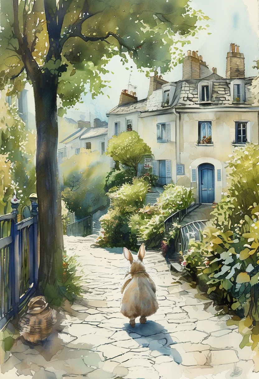 Montmartre Hill、High resolution,Postcard illustration,, Highest quality, 超High resolution, (Realistic:1.5),(skin reflex:1.3), RAW Photos,Physically Based Rendering,Curvy, , Simple Background,style of Beatrix Potter