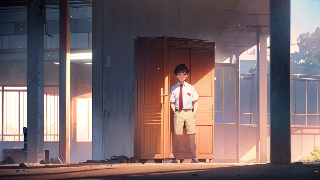 The background is the back of a deserted gymnasium on a summer evening.、An upper body shot of a handsome and manly high school boy、The high school boy has light brown hair, red cheeks, and is looking at me with a very embarrassed expression.、He is wearing his summer uniform and his tie is loose.
