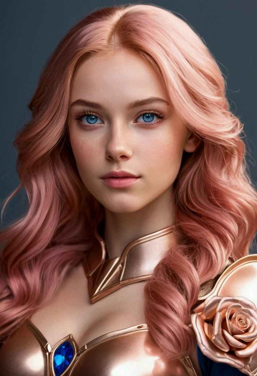Adorable and innocent face, fair skin, (long and wavy rose gold hair), blue eyes, slender European young woman, pink gold rose gold color paladin themed outfit, anatomically correct, realistic proportions, Realistic Photo