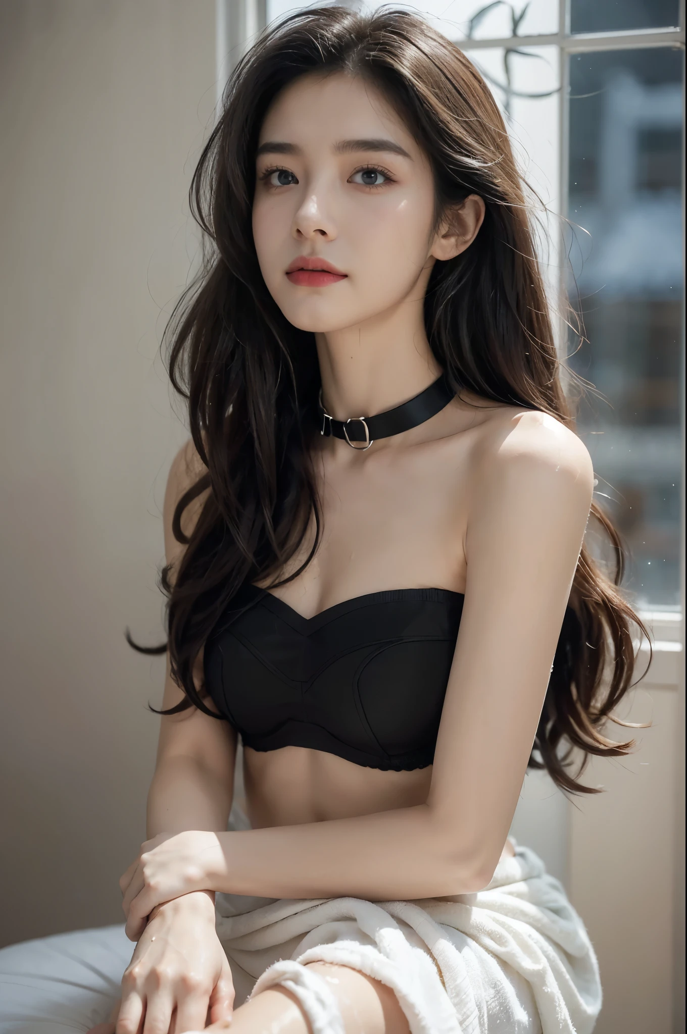 (((best quality))),(((ultra detailed))),(((masterpiece))),illustration,((a beautiful girl,solo)),(dog collar:1.2),((slim,thi)),((small breasts,flat chest)),(((sweat,wet))),(sitting:1.3),in bedroom,((violent storm, glass window, shaking, rain, wind, hugging herself, clock, wall, calendar, bed)), soft covers, tenderness,(shoulder length straight bob hair:1.2), deep eyes, mix of emotions,(strapless black sheer bra:1.3),billowing, face serene, hint of melancholy, dimly lit room, lightning, illumination, shadows, dancing walls, gentle smile, relief, inner turmoil, calm composed, gazing into darkness, thoughts of love, storm metaphor, chaos, solace, arms of beloved, love story, ups and downs, pain and joy, souls bound by fate, enduring, stormy weather,(night scene:1.3),((from front,close-up of face))