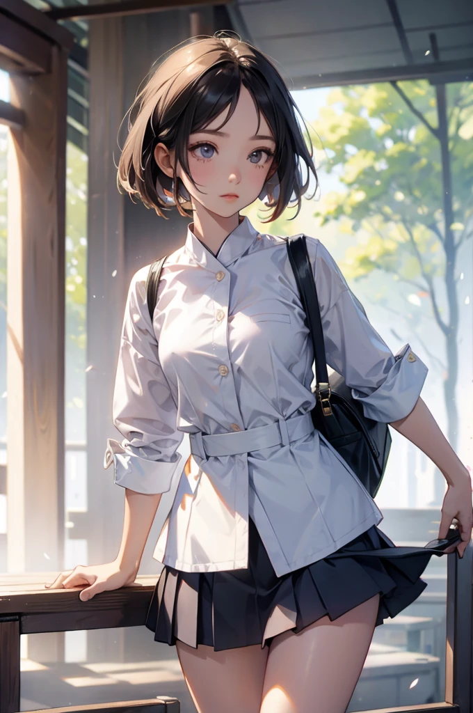 Short skirt, White panties,Cute school girl, Japanese Uniform,whole body,