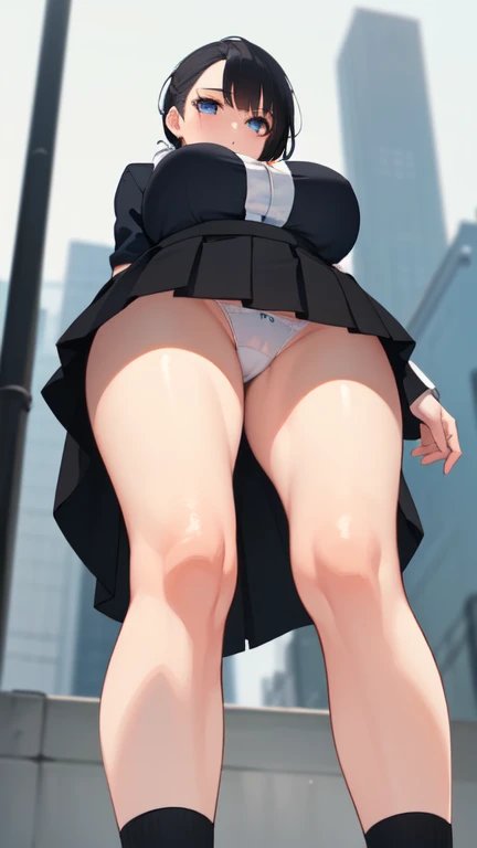 ((Highest quality)), ((masterpiece)), (detailed),
((huge breasts))
((Very thick thighs))
((Very fleshy young woman))
(Tall)
Black ponytail hair
Blue eyes
Standing
(((Shoot from below))
(((photograph the whole body)))
(Japanese school uniform)
(white (business) shirt)
(Black mini(school)skirt)
(white pantie)
Japanese
Tokyo city