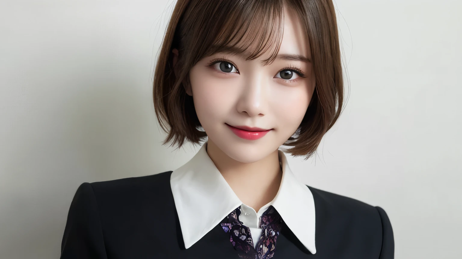white background, bust shot, tabletop, looks happy, smile, short hair, highest quality, shape, Super detailed, finely, High resolution, 8k wallpaper, Perfect dynamic shape, beautiful and detailed eyes, D cup, natural color lip,smile、20 year old girl, Beautiful and dense face、perfect and beautiful face,Big eyes、real photos（best image quality）, business casual (off white)、looking at camera、Please stand、Do gal makeup