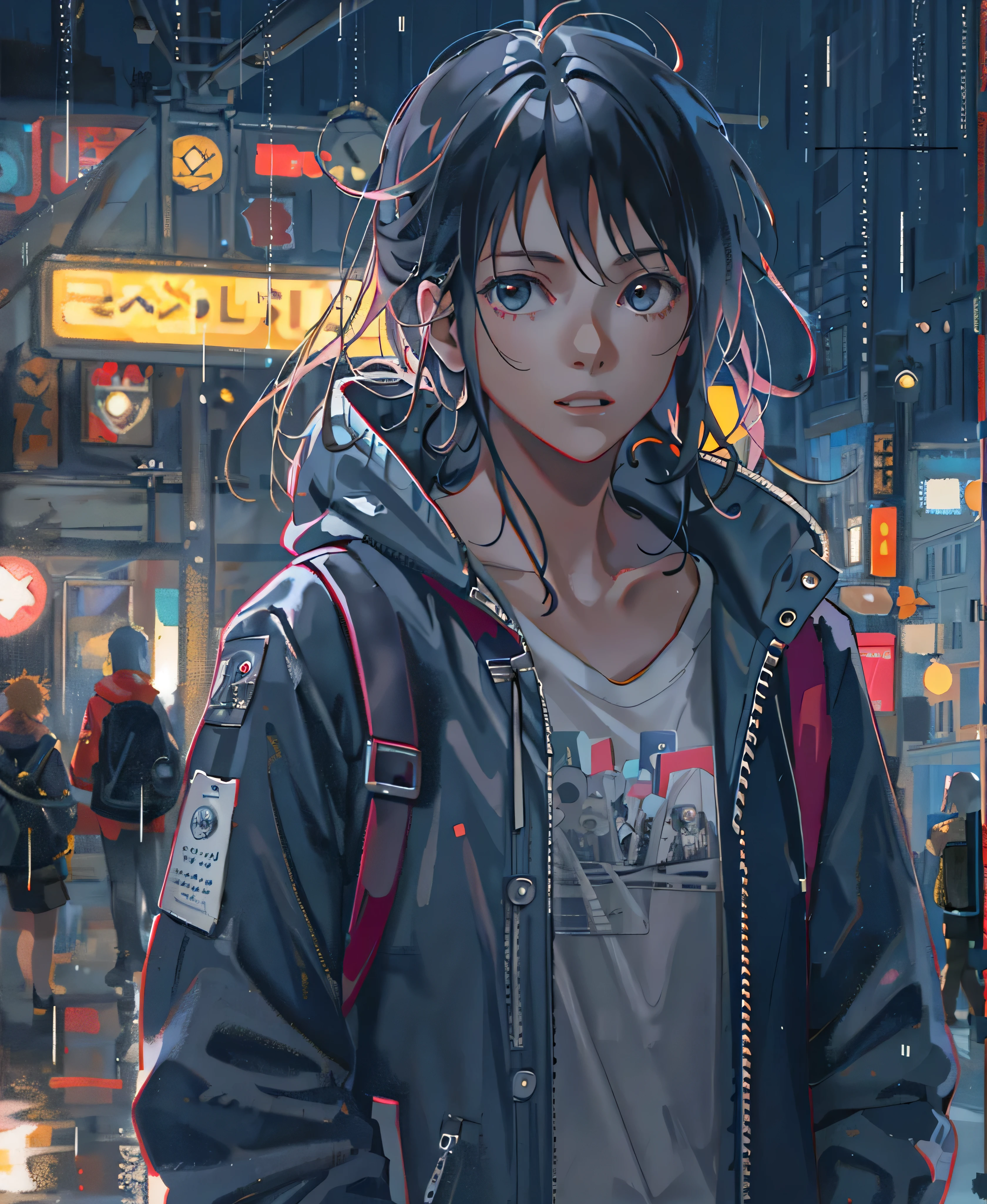One girl, Jacket, rain, Outdoor, hoodie, open Jacket, Lock, Backpack, Look at other people, Messy Hair, Trending on Art Station, 8k resolution, Very detailed, Anatomically correct, Clear images, Digital Painting, Concept Art, Topics on pixiv, Makoto Shinkai's Style,