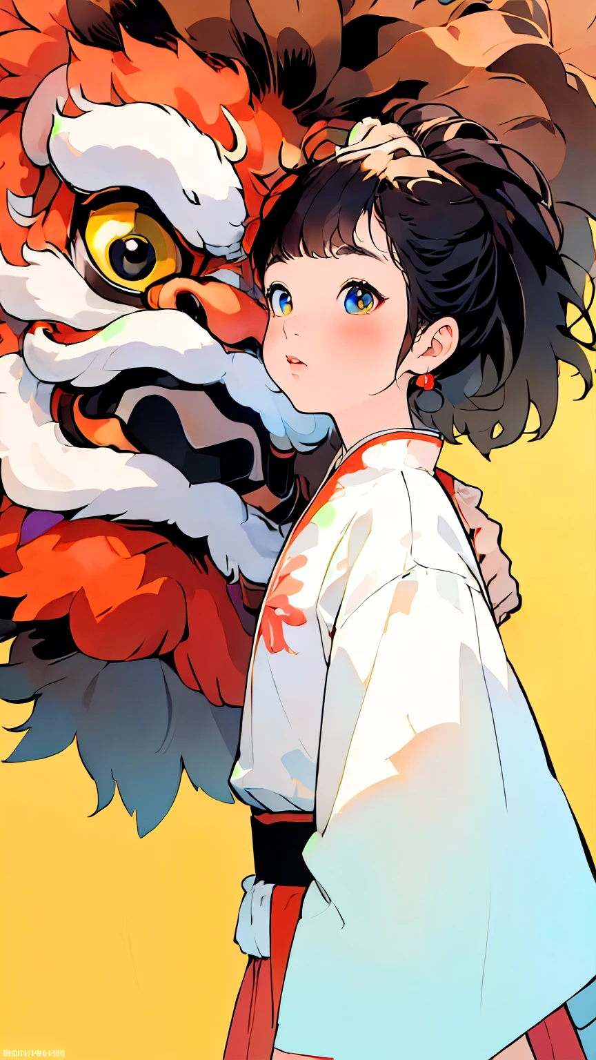 lion dance、1 person、Girl、Black Hair、front、Staring at the audience、soon dance、(masterpiece、最high quality、high quality、High resolution、Super detailed)、