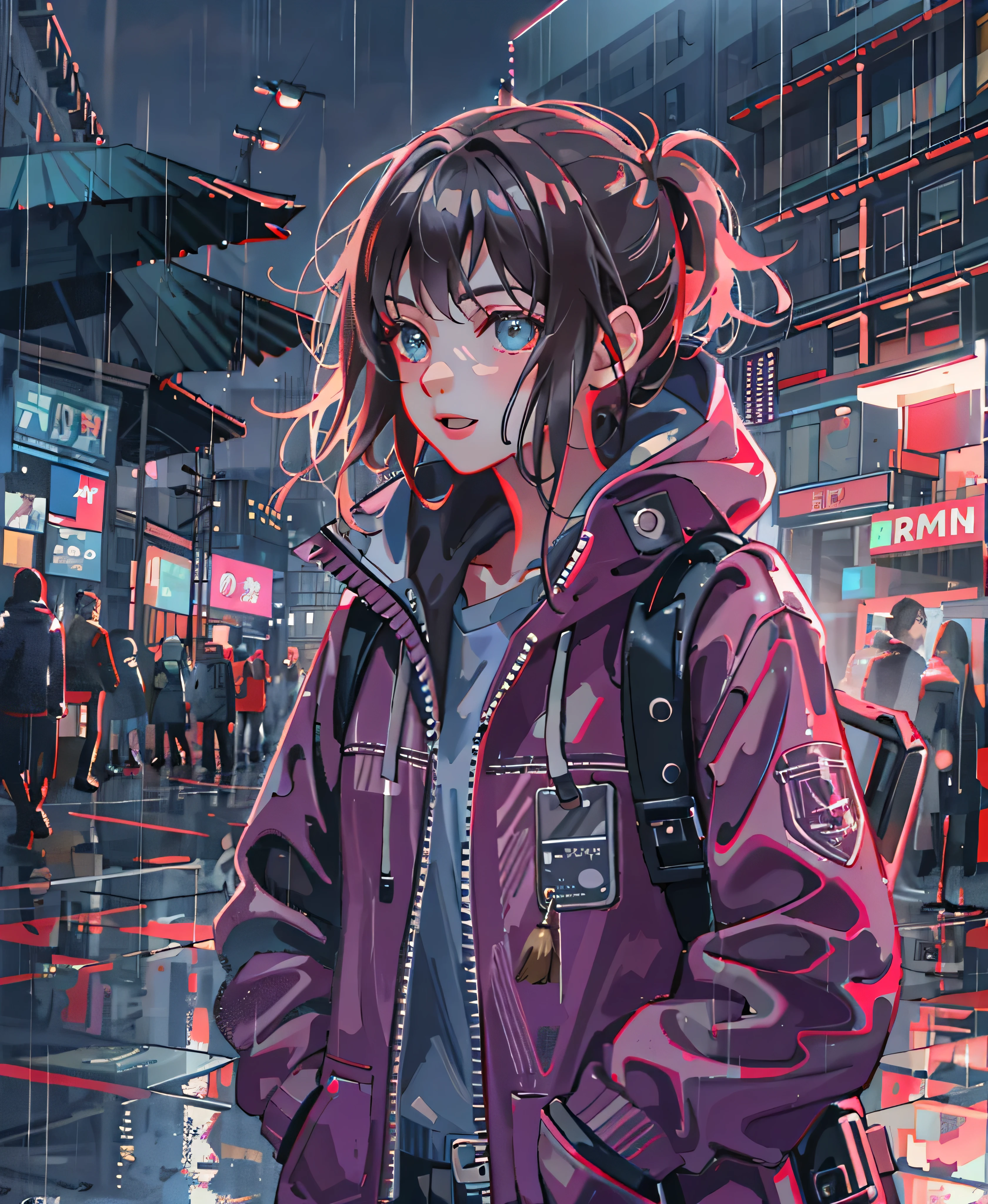 One girl, Jacket, rain, Outdoor, hoodie, open Jacket, Lock, Backpack, Look at other people, Messy Hair, Trending on Art Station, 8k resolution, Very detailed, Anatomically correct, Clear images, Digital Painting, Concept Art, Topics on pixiv, Makoto Shinkai&#39;s Style,