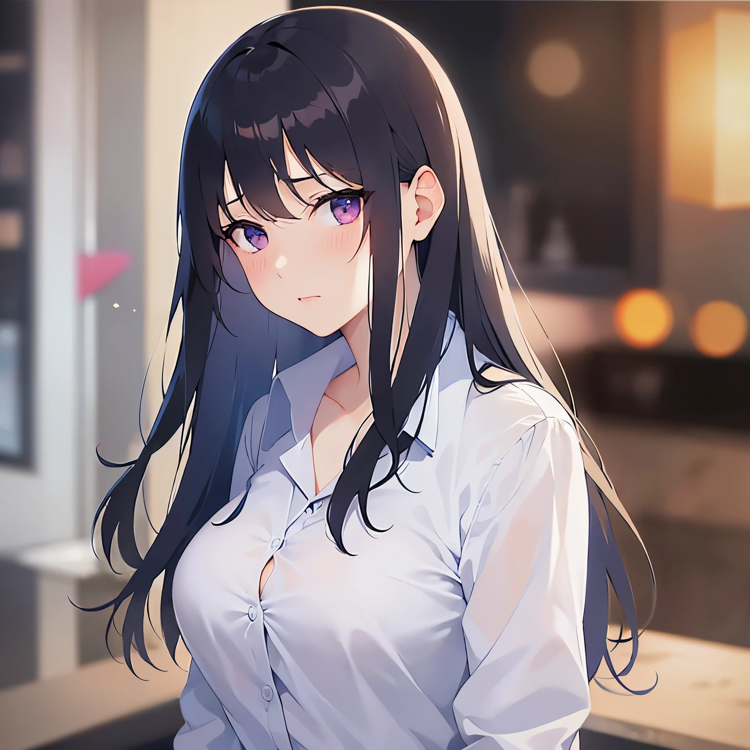 (looking at viewer:1.5),
Realistic, real person, (pale skin: 1.2), RAW photo, photorealistic, shiny skin, shiny hair、
(A 25-year-old woman with straight hair and bangs) and (medium hair) and (black hair) and (purple eyes) ,
(Wearing a business suit) and (Wearing a white collared shirt)、
Cleavage、(blush:1.5),(shy:1.5),The background is the city at night,(Night Sky:1.5)