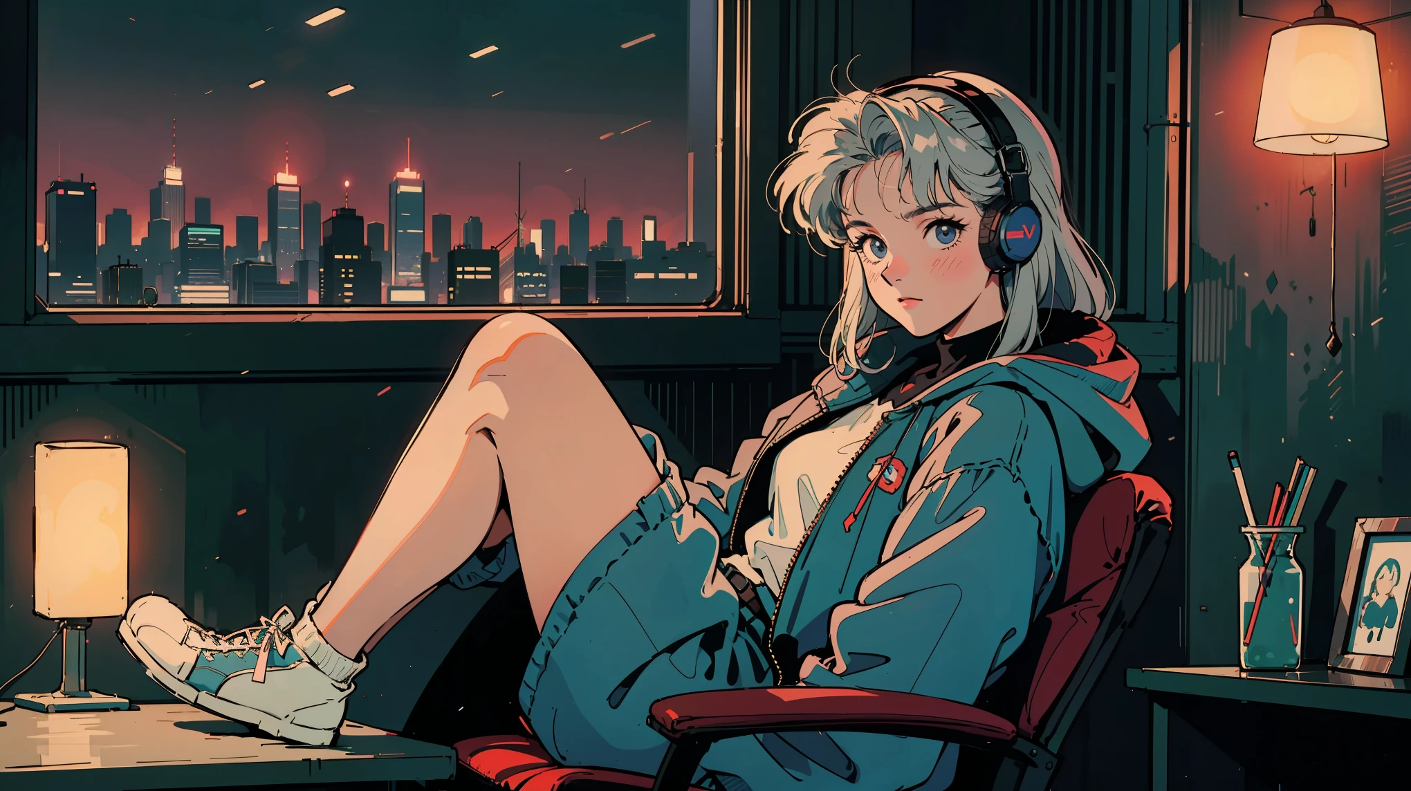 Wide shot of an 80s anime style girl in her dimly lit bedroom at night. She's sitting at a desk with books, wearing headphones and looking at me with kind face. She has beautiful grey hair and wear loose parka. The room is illuminated mainly by a desk lamp and the glow from a large window showcasing a vibrant nighttime Tokyo cityscape with neon lights. Full body visible in a relaxed pose. High-quality, detailed illustration in classic 80s anime style emphasizing the contrast between the dark room and the bright city lights outside.