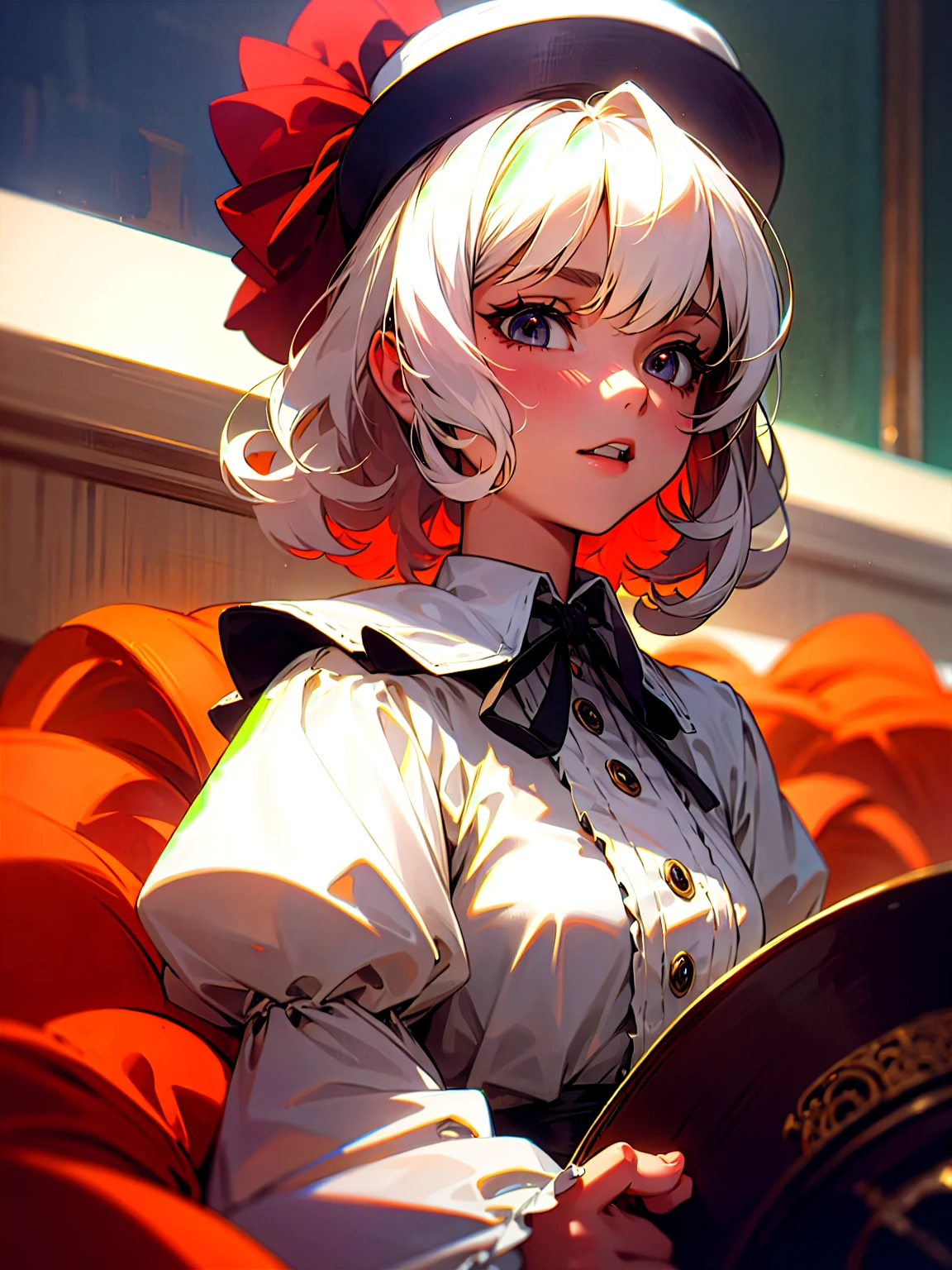 ((Masterpiece, Best Quality)), illustration, ultra-detailed 8K, realistic, clear focus, highly detailed, professional lighting, colorful details, anime style, Rosie, full black eyes, white skin, tall woman, short curly white hair, sharp teeth, red Victorian dress, big red Victorian hat, in a vintage city.