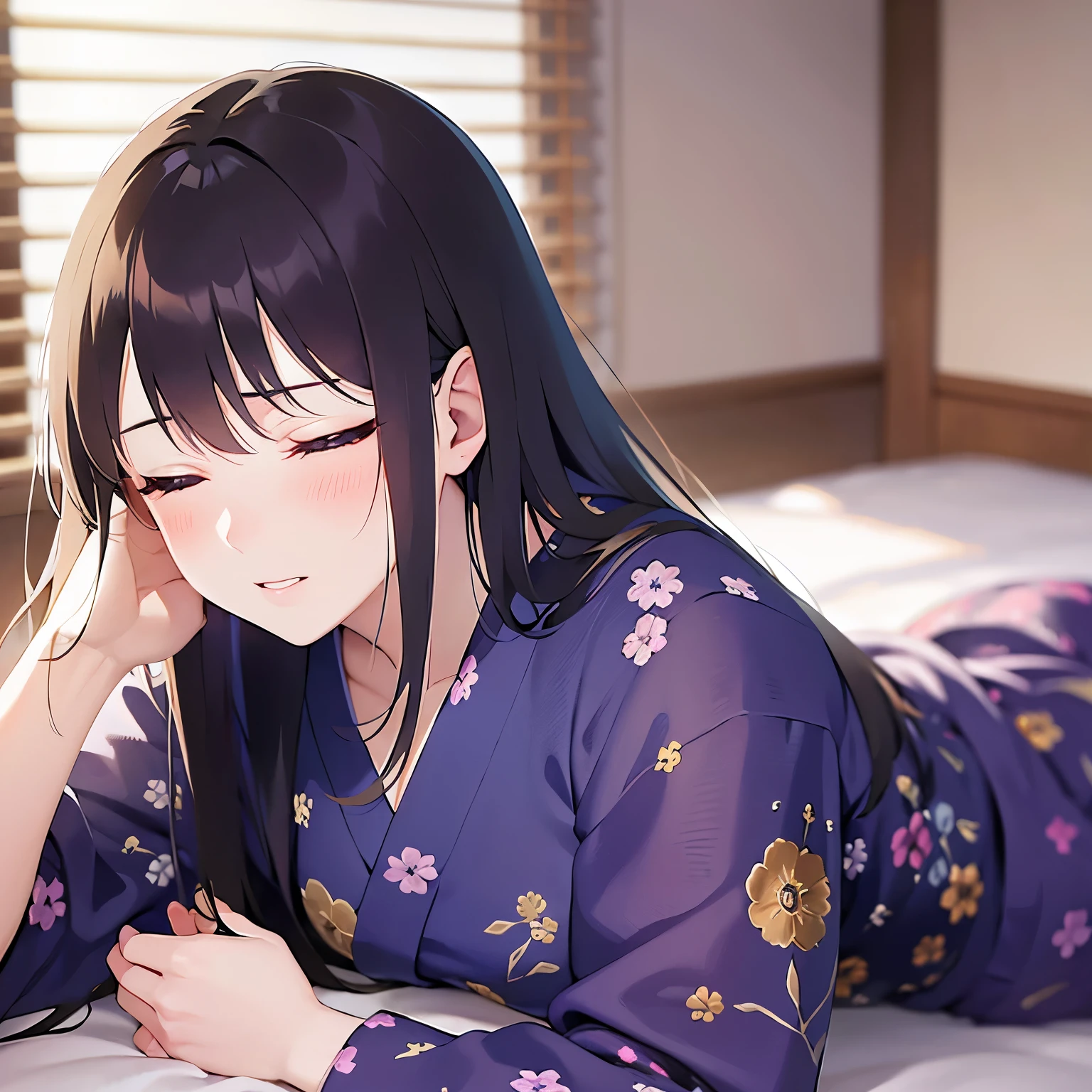 closed eyes: (narrowed eyes:1.3):11、on stomach, lying 
, Realistic, real person, (pale skin: 1.2), RAW photo, photorealistic, shiny skin, shiny hair、 (A 25-year-old woman with straight hair and bangs) and (medium hair) and (black hair) and (purple eyes) , (purple) and (yukata),
(embarrassed,blush:1.3),The background is a futon at night