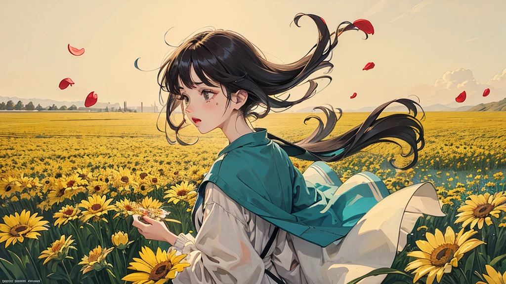 Flower field swaying in the wind,Emotional,Warm tones,Petals flutter in the wind,