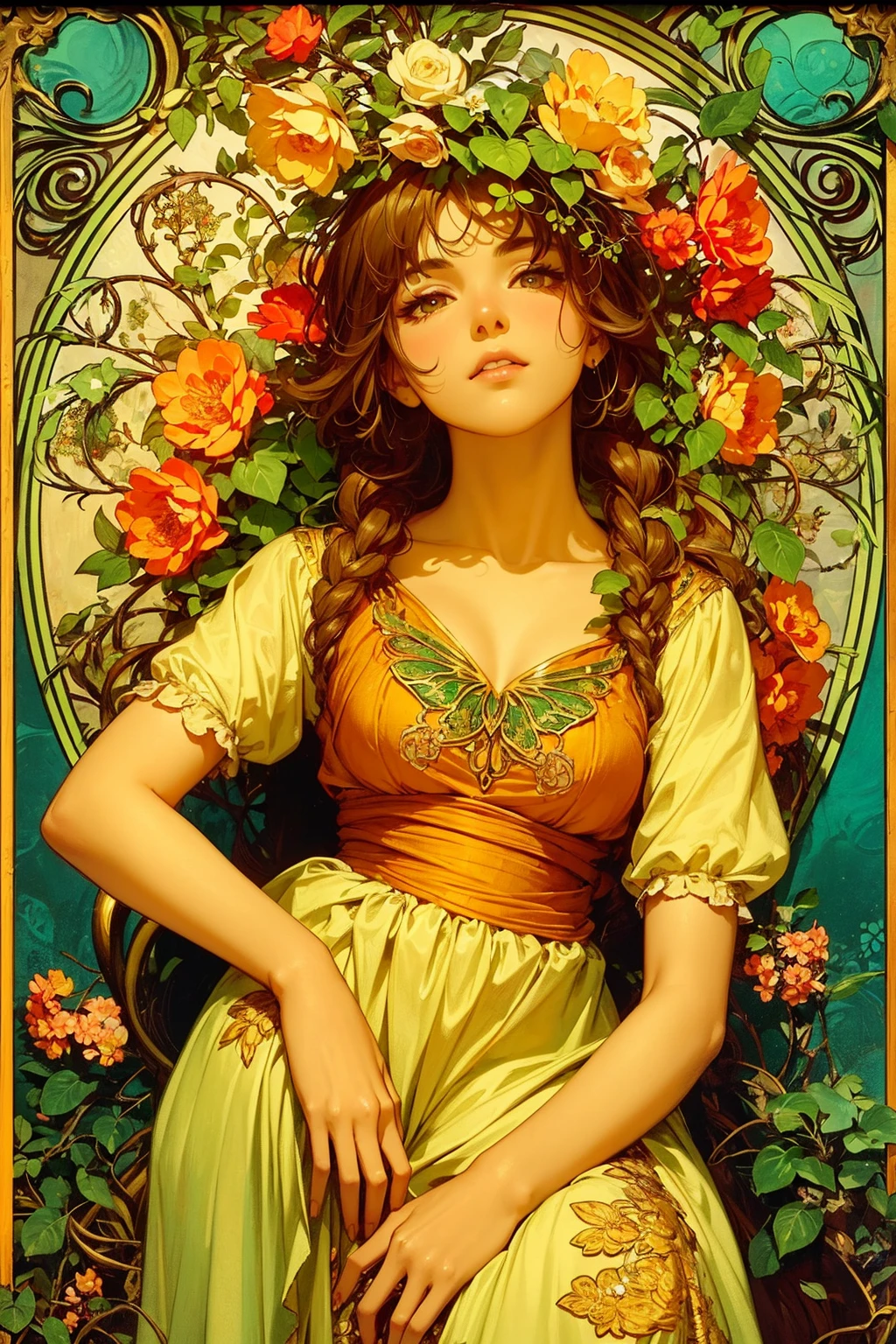 A lush garden, intricate floral patterns, detailed petals, vibrant colors, ornate art nouveau style, Alfons Mucha inspired, beautiful woman surrounded by flowers, elegant flowing dress, ornamental leaves and vines, warm lighting, detailed facial features, delicate skin, dreamy atmosphere, photorealistic, 8k, best quality, masterpiece