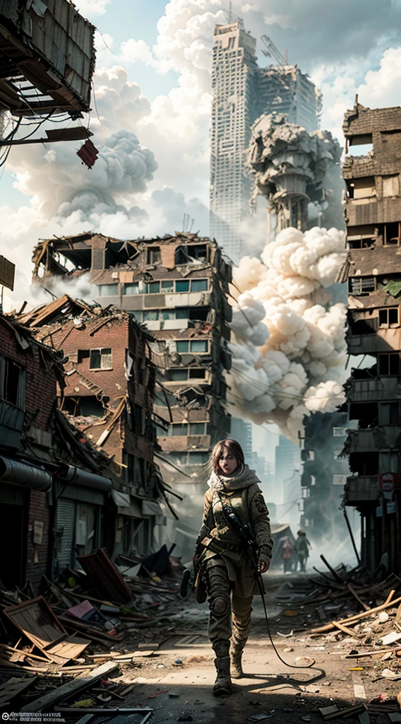 masterpiece, Highest quality, High resolution, Rich details, 8k, Extreme light and shadow, Image of a beautiful young woman wearing yellow tactical gear, dirty and dusty , Walk through the ruined streets of a collapsed city, Post-apocalyptic, Smoke and fog in the air, Bursting Yellow-gray sky covered with toxic clouds, Collapsed building, broken streets, Tall body, Detailed face, Detailed eyes, Cold Face, dirty, (Post-apocalyptic theme),