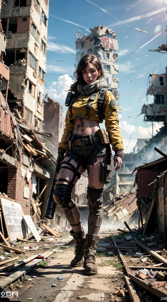 masterpiece, Highest quality, High resolution, Rich details, 8k, Extreme light and shadow, Image of a beautiful young woman wearing yellow tactical gear, dirty and dusty , Walk through the ruined streets of a collapsed city, Post-apocalyptic, Smoke and fog in the air, Bursting Yellow-gray sky covered with toxic clouds, Collapsed building, broken streets, Tall body, Detailed face, Detailed eyes, Cold Face, dirty, (Post-apocalyptic theme),