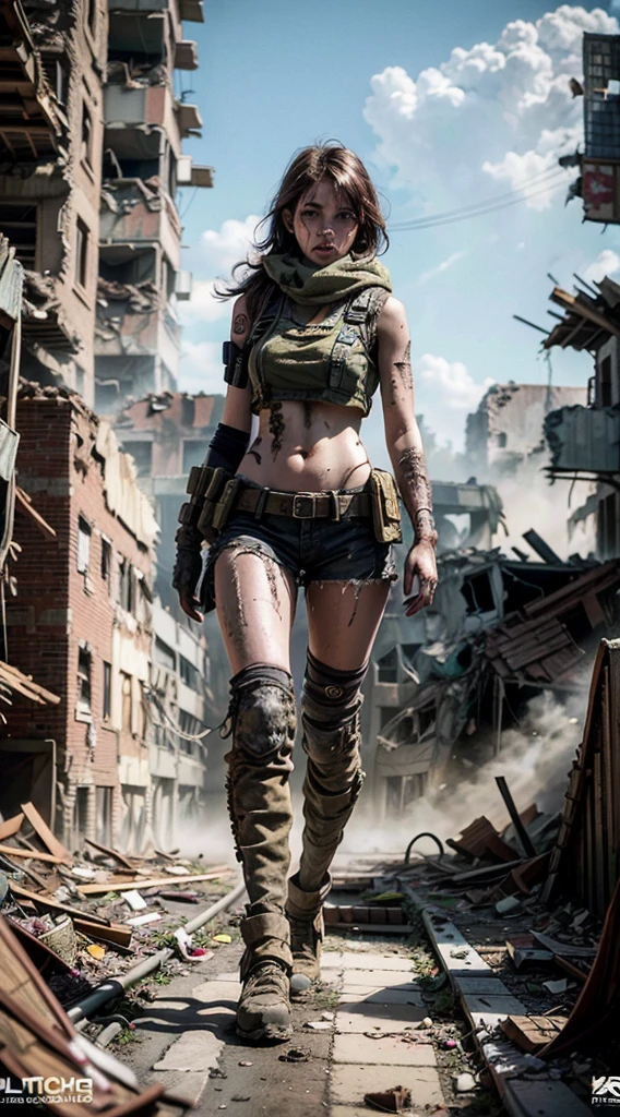 masterpiece, Highest quality, High resolution, Rich details, 8k, Extreme light and shadow, Image of a beautiful young woman wearing yellow tactical gear, dirty and dusty , Walk through the ruined streets of a collapsed city, Post-apocalyptic, Smoke and fog in the air, Bursting Yellow-gray sky covered with toxic clouds, Collapsed building, broken streets, Tall body, Detailed face, Detailed eyes, Cold Face, dirty, (Post-apocalyptic theme),