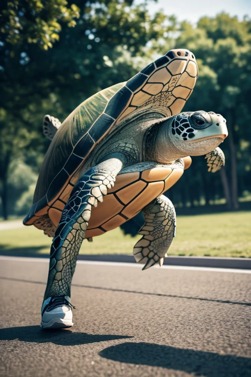 A TURTLE RUNNING FAST WITH SNEAKERS