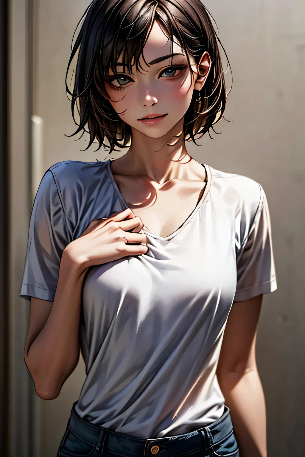 Highest quality, Ultra-high resolution, (Realistic: 1.4), beautiful Eyes, Super beautiful, Very short hair, beautiful, spouse, Rough Chest T-shirt, beautiful Soldier, Eyes that beckon, The spouse&#39;s perspective, Attractive look, Sexy smile, Perfect Style, Perfect balance, Detailed skin, Mischievous Gaze, I can see your chest