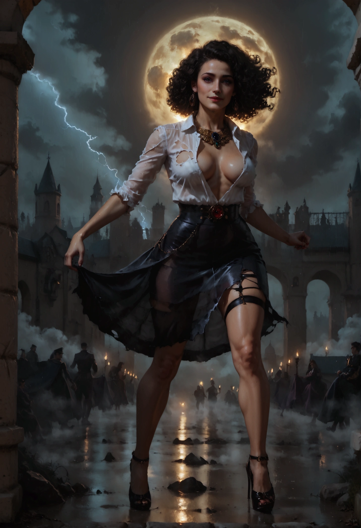 young busty keira knightley, her dress is blowing up, stockings, big tits, gigant booobs, curly fluffy hair, Transparent torn unbuttoned shirt, torn skirt, Transparent wet skirt, heels, naked belly, emotions play on her face, nervous, running away, panicking, storm, downpour, rain, lightning, full body pose, running away, hair blowing in the wind, in a medieval city, fog from which fantastic creatures emerge, dark fantasy theme, attractive, Gorgeous, beautiful, alluring, art by Stephen Gammell, Pino Daheny, Jeremy Mann, Alex Maleev, surrealism, dark art by james jean, takato yamamoto, inkpunk minimalism, realistic colors, hyperrealistic, hdr, delicate detail, highly detailed, masterpiece, very beautiful, adorable, marvelous, exquisite, captivating, alluring, award winning, spectacular, trendy, polished, very cute, glorious, fabulous, excellent, astonishing dark colors, Alasdair McLellan, digital painting; by Daniel Merriam, Nikolina Petolas, Mone, Peter Gric, Dariusz Klimcza full colors, hair backlighting, back lighting, volumetric lighting, 8K, perfect eyes, perfect pupils, expressive eyes, hands by Albrecht Durer, smoke, particle fx, mist, fog, fire, explosions, debris, clouds, smile face Terrifying Decrepit Ancient Egyptian Mummy mermaid Covered in Rags, Insanely Detailed, Hyper Realistic, 32k, uHD, Filigree, Ultra High Resolution, Unreal Engine 5, Trending Art, Cinematic Lighting, Ray Tracing, Gold Ornate Jewels, ROBERTO GONZALEZ,