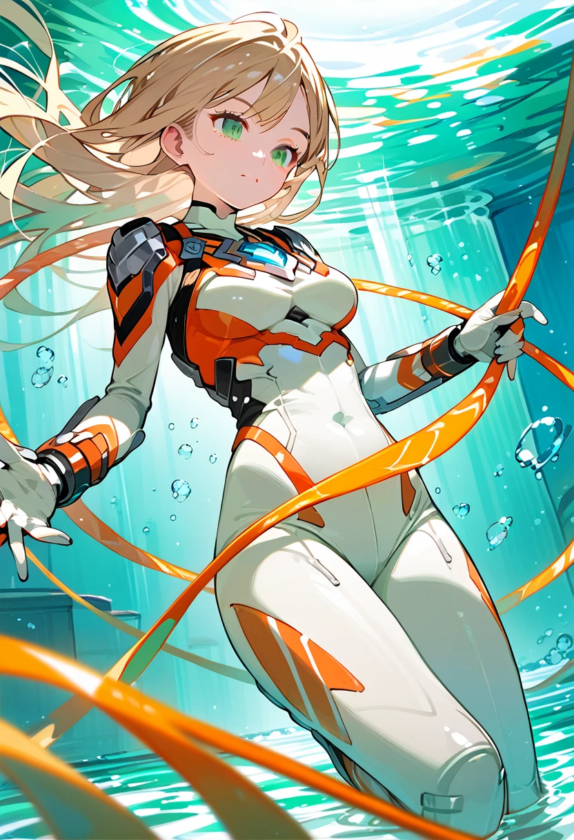 (best quality),female,Sala,original,blonde hair ,green eyes,(((white bodysuit))),orange stripes clothes,ultragirl,under water,ultra-detailed,sharp focus,aesthetic, score_9, score_8_up, score_7_up,source_anime,