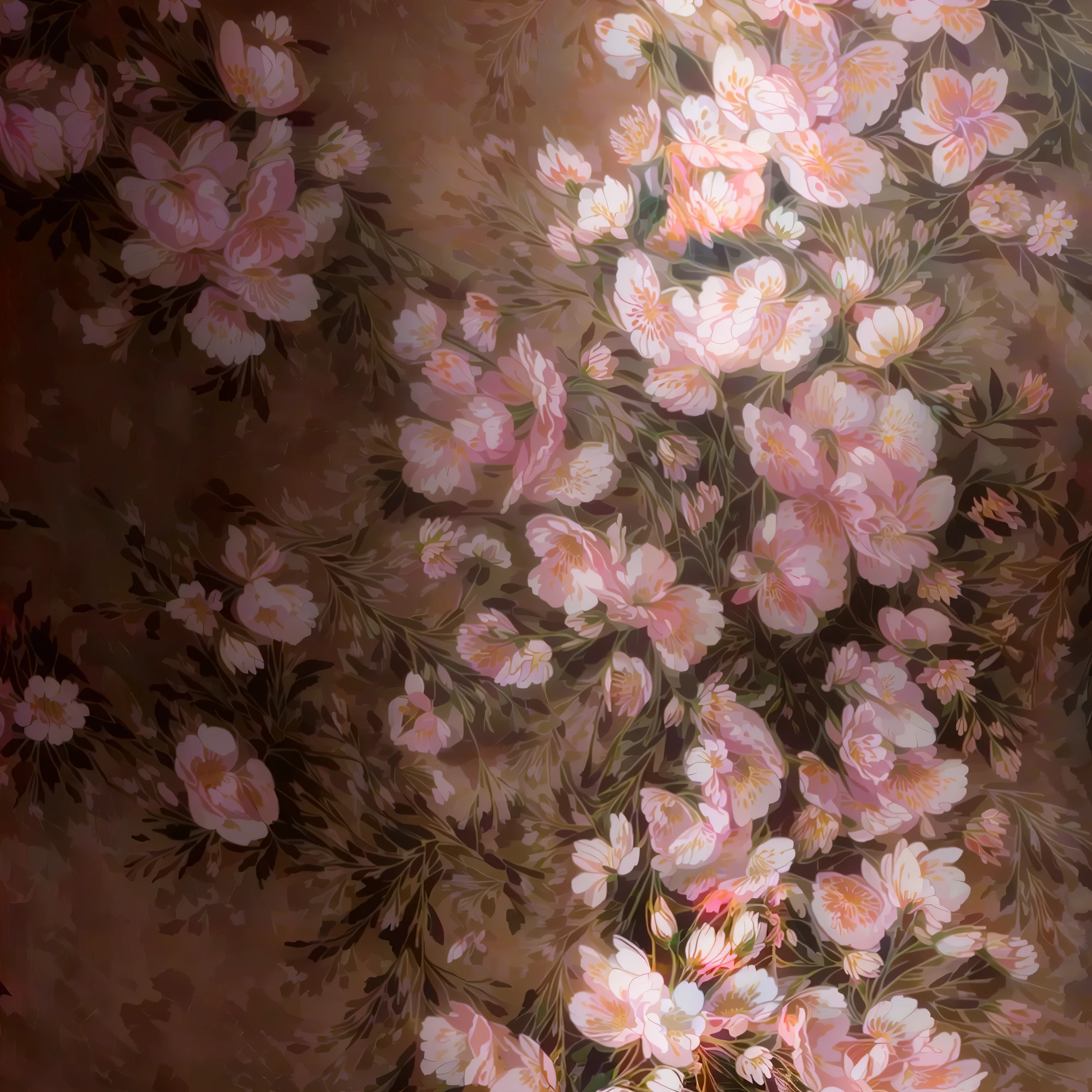 there is a painting of a bunch of flowers on a wall, by Anna Füssli, floral patterned skin, floral painted backdrop, inspired by Anna Füssli, brown flowers, smeared flowers, floral motives, flowing sakura silk, flowing sakura-colored silk, by Ross Bleckner, inspired by Katia Chausheva